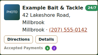 A map pin's popup, showing a photo, the shop name, hours badge, address, phone number, Directions and Details links, and an Accepted Payments row of icons