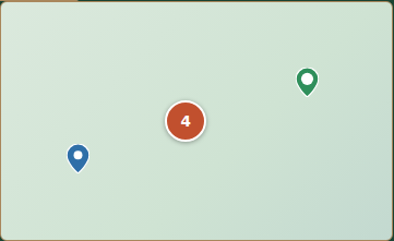 A numbered cluster badge on the map standing in for several nearby pins, next to two individual pins