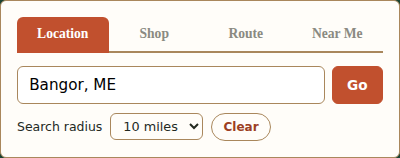 The Location search tab, with an address field, a Go button, a radius dropdown, and a Clear button