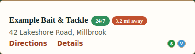 A shop card in the list, showing the shop name, an open-24-hours badge, distance, address, Directions and Details links, and payment method icons right-justified on that same row
